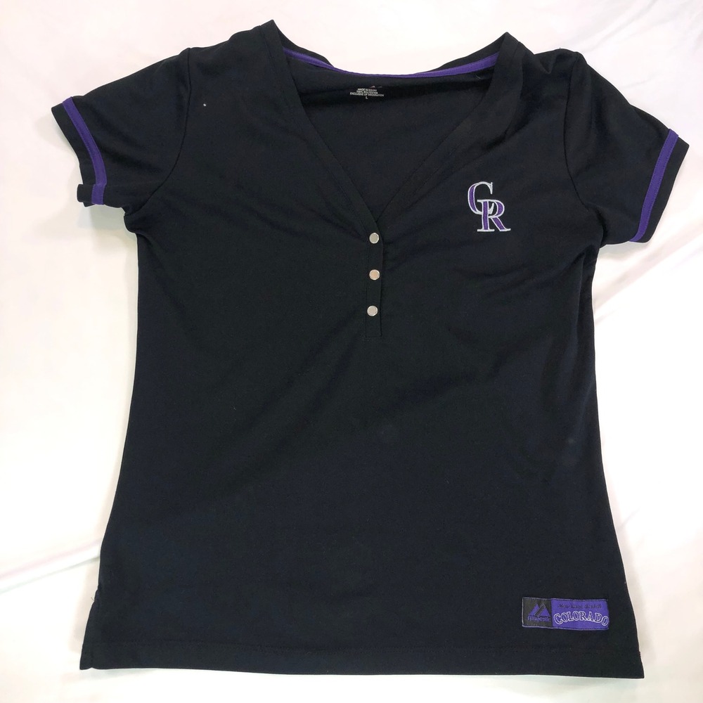 Majestic Colorado Rockies MLB Womens Henley Shirt Black Purple Size L